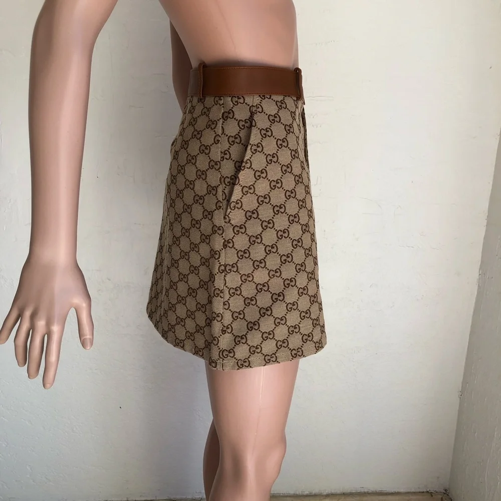 Gucci GG Monogram Canvas/Leather Trim Mini Skirt Camel/Ebony Women's Size 46(L) - Picture 5 of 16
